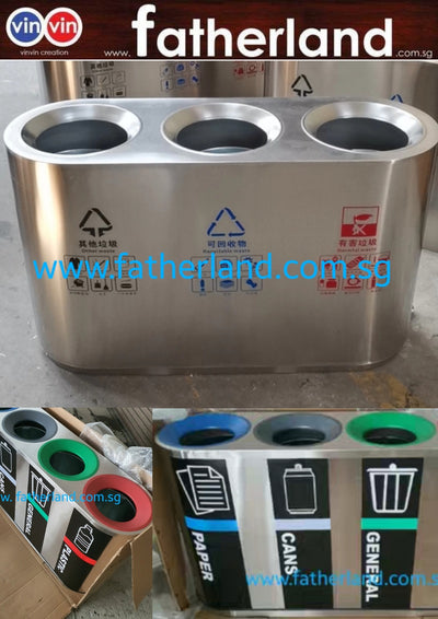 Stainless Steel Recycling Bin 3 compartments with inner liner & recycling stickers vin series 3