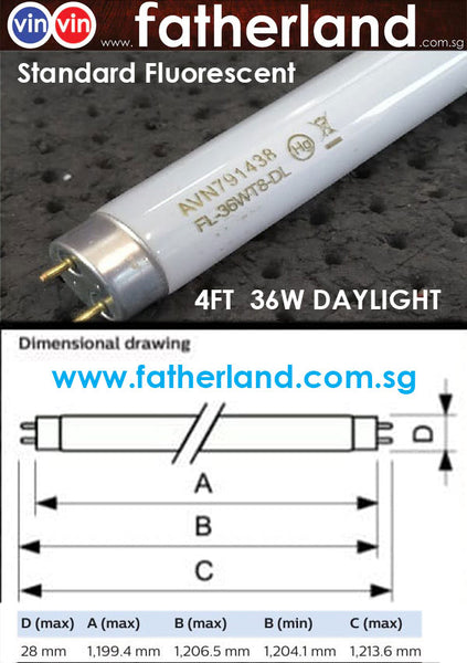 4ft 36W T8 Daylight Fluorescent Tube TLD Model FL-36WT8-DL