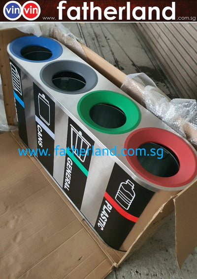 Stainless Steel Recycling Bin 4 compartments with inner liner & recycling stickers vin series CV19