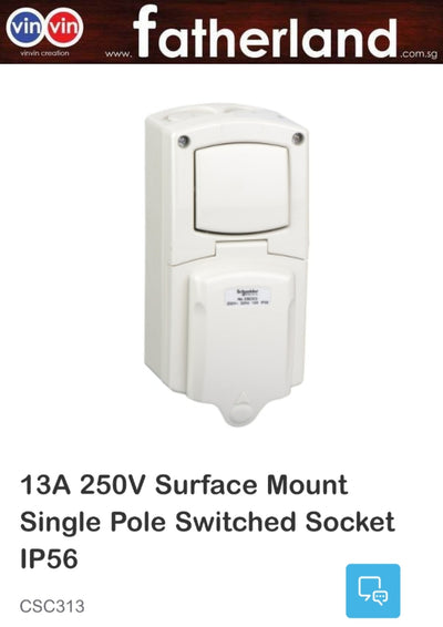 SCHNEIDER KAVACHA CSC313 13A 250V SURFACE MOUNT SINGLE POLE SWITCHED SOCKET IP56 WEATHERPROOF