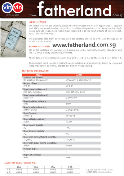 MK ISOLATOR M4420-23: 45A TPN ISOLATOR WP GRY