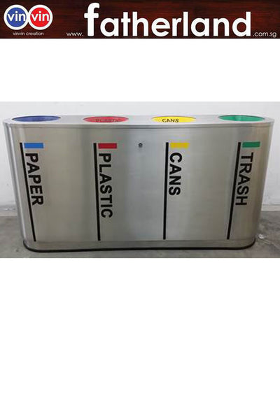 Stainless Steel Recycling Bin 4 compartments with inner liner & recycling stickers