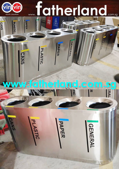 Stainless Steel Recycling Bin 4 compartments with inner liner & recycling stickers vin series 3A