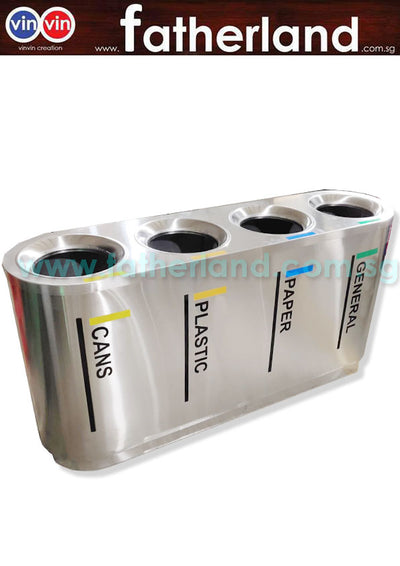 Stainless Steel Recycling Bin 4 compartments with inner liner & recycling stickers vin series 3A
