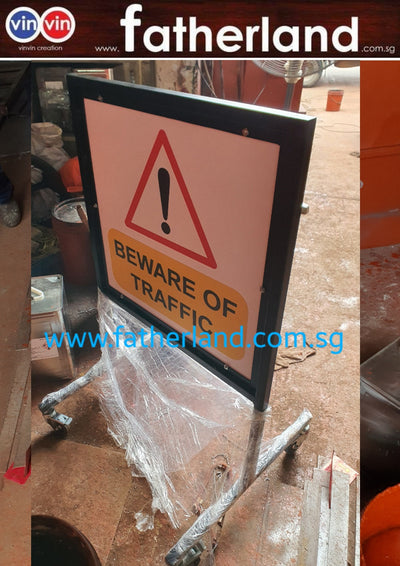 BEWARE OF TRAFFIC SIGNAGE WITH STAND AND WHEELS  ( Double Sided )