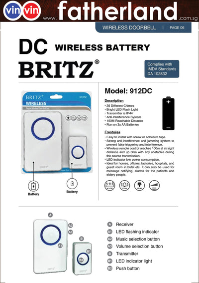 Britz 912Dc Wireless Door Chime | Model : 912DC
