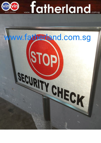 S/STEEL HAIRLINE PORTABLE SIGN STAND WITH AN A3 SIZE TOP SLOT FRAME & 2PCS OF CLEAR PERSPEX WITH SQ BASE INCLU ALU POLE