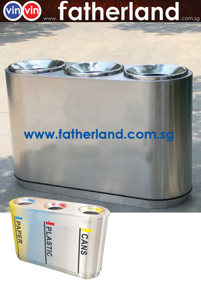 Stainless Steel Recycling Bin 3 compartments with inner liner & recycling stickers vin series 3