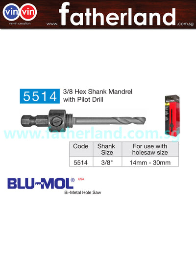 BLU-MOL 5514 3/8" 9.53MM HEX SHANK MANDREL W/PILOT DRILL