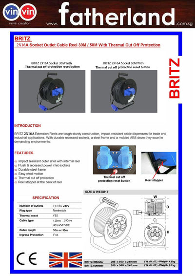Britz socket Outlet Cable reel 30m with Thermal cut off protection