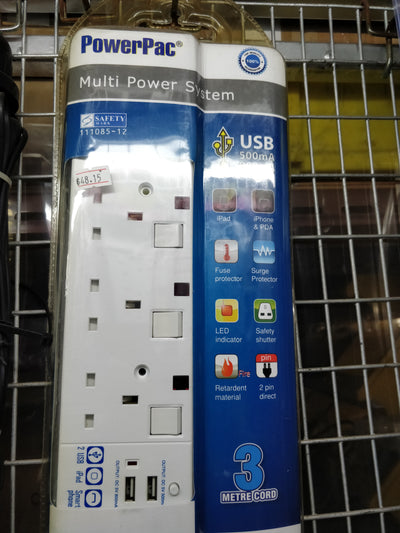 POWERPAC 3 WAY PP923A  EXTENSION SOCKET W/2XUSB CHARGER ( 32836 )