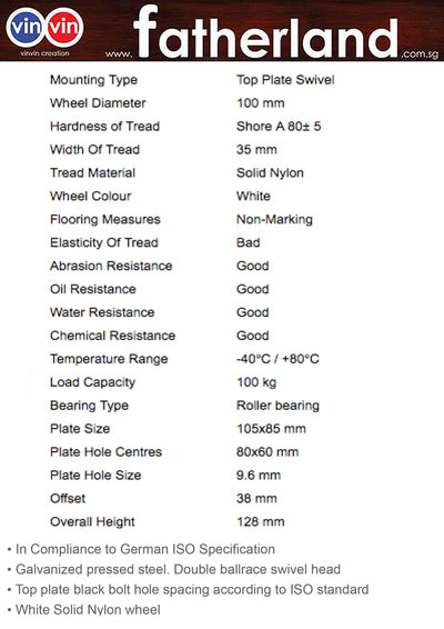 SWIVEL NYLON CASTOR WHEEL 4" ( Compliance to German ISO Specification )