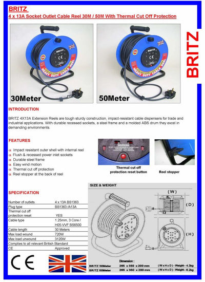 BRITZ 30M CABLE REEL C/SET  ( 4-Way Cable Extension Reel 30Metres [ With Thermal Cut Off Protection ]