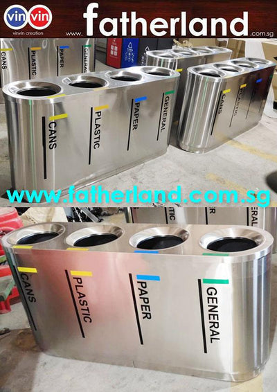 Stainless Steel Recycling Bin 4 compartments with inner liner & recycling stickers vin series 5