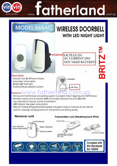 Britz 668AC Wireless Door chime