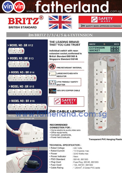 Britz Ext Socket 13A 5 Gang 2M Extension Cable