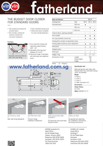 Dorma TS 77 door closer c/w R/A in silver finish