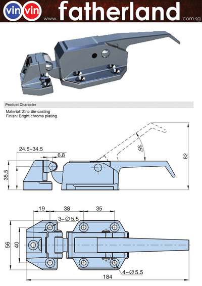 Fridge Handle Lock (Bright Chrome) Handle length: 138.2mm Material: Zinc die-casting
