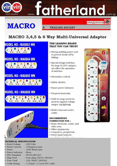 MACRO 8864WN 4 GANG UNIVERSAL SOCKET  WITH LIGHT 3Meter ( for export only)