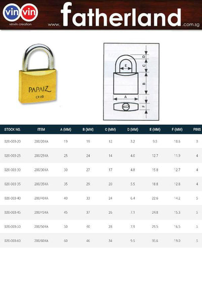 Papaiz 200/20KA 19mm Key Alike Padlock  ( Made In Brazil )