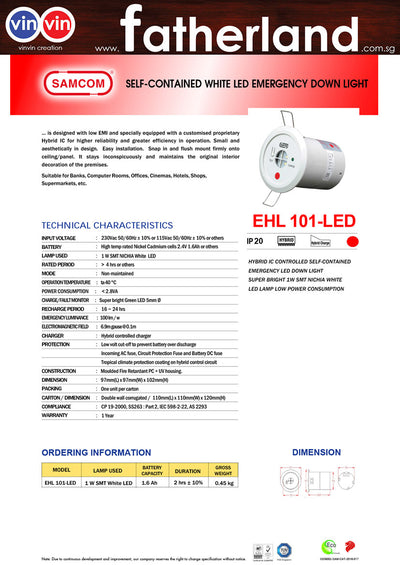 SAMCOM Self-Contained LED Emergency Down Light  SMT White LED Lamp Model: EHL 101-LED