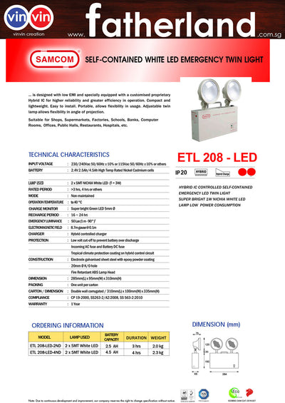 SAMCOM Self-Contained LED Emergency Twin Light  2 x SMT White LED Lamp Model: ETL 208-LED-2ND