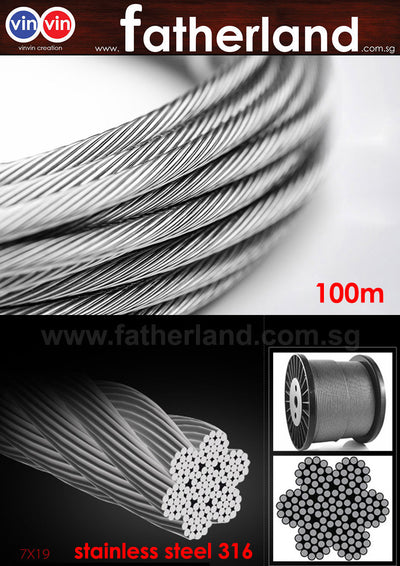 3MM S/STEEL WIRE ROPE - #316 7X19 ( 30M/ROLL)