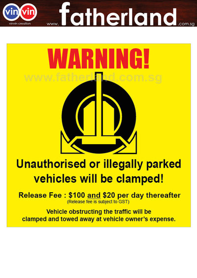 WHEEL CLAMP SIGNAGE RELEASE FEE $20 PER DAY  YELLOW REFLECTIVE TYPE